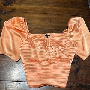 Express Orange Ruched Tie Front Puff Sleeve Crop Top